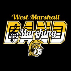 Two color marching band tee shirt design with treble cleff, word "Marching" and lines inside word band.  Mascot at the bottom. School name at the top in script