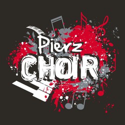 three color choir tee shirt design with notes and keyboards in splattered background.  Choir in lose, distressed font with school name above it.