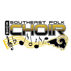 two color choir tee shirt design with staff and random notes. Word choir with horizontal shading lines.  Mascot on the right, lower side of the design