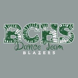 two color dance team tee shirt design with tie dye pattern inside school initials at the top, script Dance Team, and team name at the bottom.