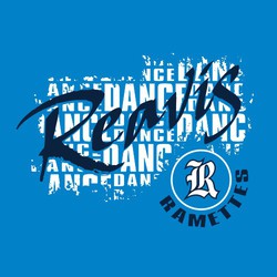 two color dance tee shirt design.  Word dance distressed and knocked out behind school name.  School mascot or logo inside circle with mascot name around it.