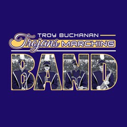 four color marching band tee shirt design with band members in uniform placed inside the word BAND. Mascot name in Script and school name in block above art.