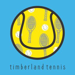 three color tennis design with racquet and ball pattern inside tennis ball. Thin text below ball.