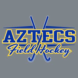 three color field hockey tee shirt design with team name in athletic block lettering and Field Hockey in script over crossed sticks.  Horizontal angular line frame the lettering.