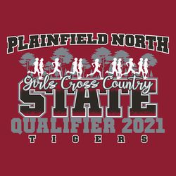 three color state cross country tee shirt design with runners going across shirt in front of trees.   Athletic block lettering with large word "STATE."