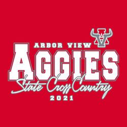 two color state cross country tee shirt design with team mascot in upper corner, small school name over large mascot name in block letters.  Script "State Cross County" at the bottom with year.