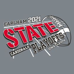 three color state football design with angular field lines moving through transparent football. Word "STATE" large in stencil type lettering.  Athletic block team name, year, mascot name and playoffs.