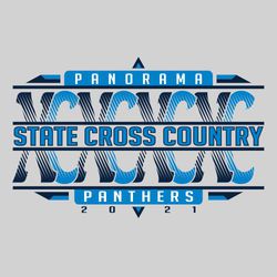 three color state cross country tee shirt design with repeating XC with diagonal knockout lines. positioned across center of design.  State Cross Country over XC. Team & mascot in frame above & below.