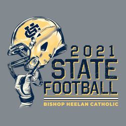 three color state football tee shirt design with helmet being raised.  STATE FOOTBALL in distressed lettering. Five horizontal stripes in team colors with school name below it.