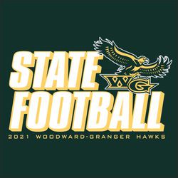 two color state football tee shirt design with large italic stacked lettering STATE FOOTBALL.  Mascot on the upper side of design.  Small year and school name text at the bottom.