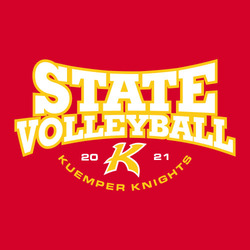 two color state volleyball tee shirt design with STATE VOLLEYBALL lettering large, stacked and reverse arched.  Circle text school and mascot name below mascot.  Year split to the sides of mascot.