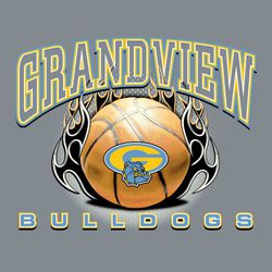 five color basketball tee shirt design.  Tribal basketball with team mascot over ball.  Letter outlines of school name above ball, mascot name below ball.