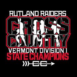 two color state cross country design with runner silhouettes inside stacked black lettering "CROSS COUNTRY".  Athletic block letter above and below art with team and event information. CC with arrow.