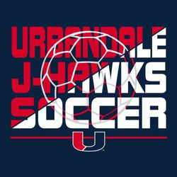 Three color soccer tee shirt design with outline of soccer ball in different colors inside stacked lettering. Team name, mascot name and word soccer.  Team logo over lines at bottom.