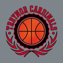 three color basketball design with circle and vines.  Circle text above basketball.