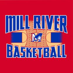 three color basketball tee shirt design with basketball court in the background.  Mascot at the center.  School name bridge text above and word basketball in reverse bridge text at the bottom.