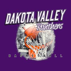 four color basketball tee shirt design with shattering backboard. Diagonal block lettering and script school and script mascot name at the top. basketball in small letters at the bottom.