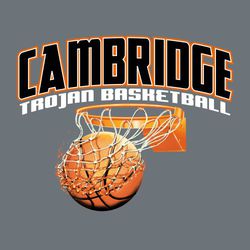 four color basketball tee shirt design with ball swishing through flaming net.  Block, arched lettering above ball with team and mascot name.