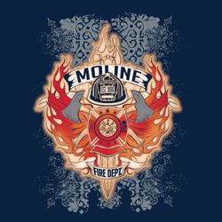 four color fire department tee shirt design with patterned background, flames and banners.  Crossed axes and helmet.