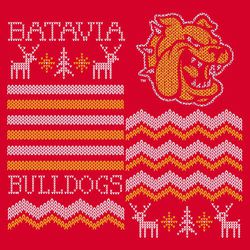 two color ugly sweater design with large mascot, reindeer, christmas trees, snowflakes, bars and zig-zag bars, school and team name.  Design is offset down the middle.