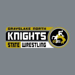 three color state wrestling design.  Wrestlers and year in circle on side.  Team, mascot name and State Wrestling in atlernating colored rectangles.