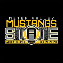 three color state wrestling design with pointed background splash.  Headgear designed around the letter A in State.  Squared team and mascot name above word state, wrestling tournament below.