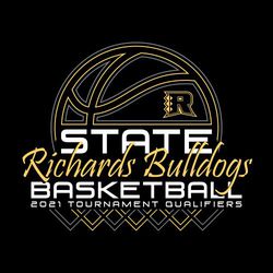three color state basketball design with multicolor outlines of basketball and net. Script school and team name between net and ball.  Block lettering "State Basketball" above and below team name.