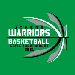 three color state basketball design with stylized multicolor basketball seams.  Lettering centered above and below extended seam.