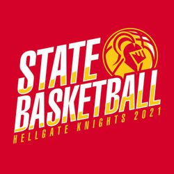 two color state basketball design with slanted, shaded lettering saying STATE BASKETBALL.  Team name and year smaller below lettering.  Basketball with mascot on it on viewers upper right.