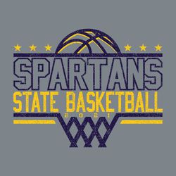 two color distressed state basketball design. Stylized ball with stars and net at the top and bottom of the design framing block lettering.