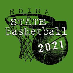 two color state basketball design.  distressed one color hoop and ball with STATE BASKETBALL and year distressed over them.  Team name above hoop.