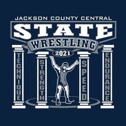 two color state wrestling design with wrestlers standing, arms raised surrounded by pillars.  Pillars labeled technique, strength, speed and endurance.