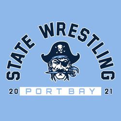 two color state wrestling design. State wrestling block lettering in circle text over mascot.  Team name reversed in bar at the bottom.  Year split at the sides.