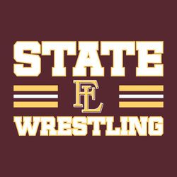 two color state wrestling design.  Large block word STATE at the top, and WRESTLING at the bottom.  Three bars split in the middle with mascot centered inside bars.