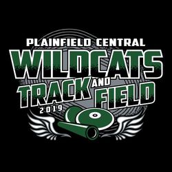 three color track design with shot put, discus and track baton at the bottom.  Track distressed in background. Team name, mascot name and "track and field" over track.
