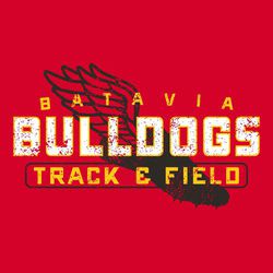 three color track tee shirt design with distressed wing foot in background.  Small arched team name at the top, Large mascot name in the center, and track and field in an outline box at the bottom.