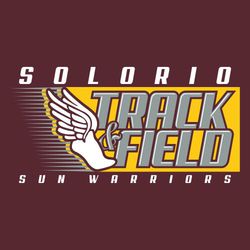Three color track and field tee shirt design with winged foot and movement lines left of a background box.  Track and Field in box.  Team name above art, mascot name in smaller letters at the bottom.