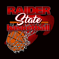 Three color state basketball design with ball going into net in the background.  Script word State is large with mascot name above and word basketball below in shaded lettering.