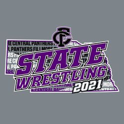 three color state wrestling tee shirt design with team and mascot name in shape of state.  Team logo at the top, State Wrestling stacked in the middle and year at the bottom.
