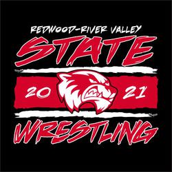 Two color state wrestling tee shirt design. Mascot placed over three distressed bars. State above bar in hand style font, wrestling below.  Team name at the top in smaller lettering.
