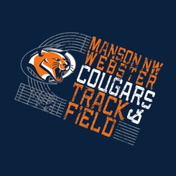 Three color track tee shirt design. Team name, mascot name and track & field text all placed diagonally with partial track lanes to the left side. Mascot in the field portion of track. Distressed