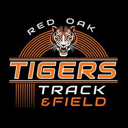 two color track tee shirt design with partial track lanes on the top and left, mascot centered at the top and mascot names centered over track.  School name circle text above art, track & field below.