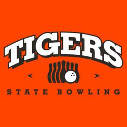 two color state bowling tee shirt design with arched team name over silhoutte of pins and a bowling ball.  Lane arrows to each side.  Smaller lettering "STATE BOWLING" at the bottom.
