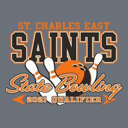 three color state bowling t-shirt design.  Ball knocking down three pins. State Bowling in script over ball and pins.  Team name and large, block mascot name at the top behind pins.
