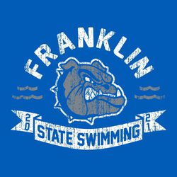two color state swimming t-shirt design.  Circle text team name at the top, mascot, and ribbon at the bottom.  year and "State Swimming" in the ribbon.  Stylized waves on each side of mascot.