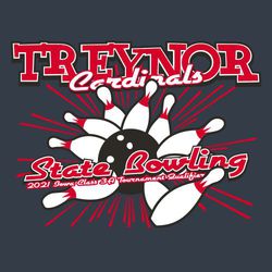 state bowling t-shirt design with ball crashing through bowling pins with a background flash. Team and mascot name at the top.  State Bowling and info over pins.