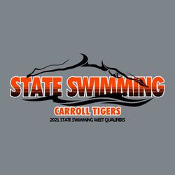 three color state swimming tee shirt design with swimmer diving into the water from unseen starting block.  STATE SWIMMING in background with lines through it.  Team name and info below art.