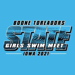 two color state swim meet t-shirt design.  Large word state with water ripples inside it.  Team and mascot name at the top.  Girls Swim Meet over word state.  State and year info at the bottom.