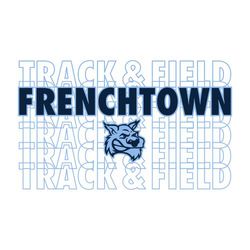 two color track t-shirt design.  TRACK & FIELD outine only repeating vertically in back ground. Team name with macot centered over background.