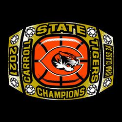 three color state basketball champion design with diamond studded ring.  Main stone has basketball seams with mascot on top.  Lettering arranged around edges of ring.
